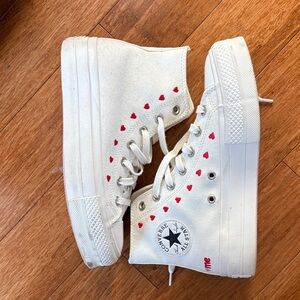 Converse White High-Top Sneakers with Red Heart Details